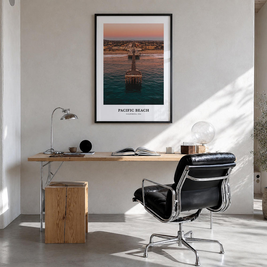 Pacific Beach colorful classic poster of San Diego, California – vertical wall art in black wood frame, hanging on wall