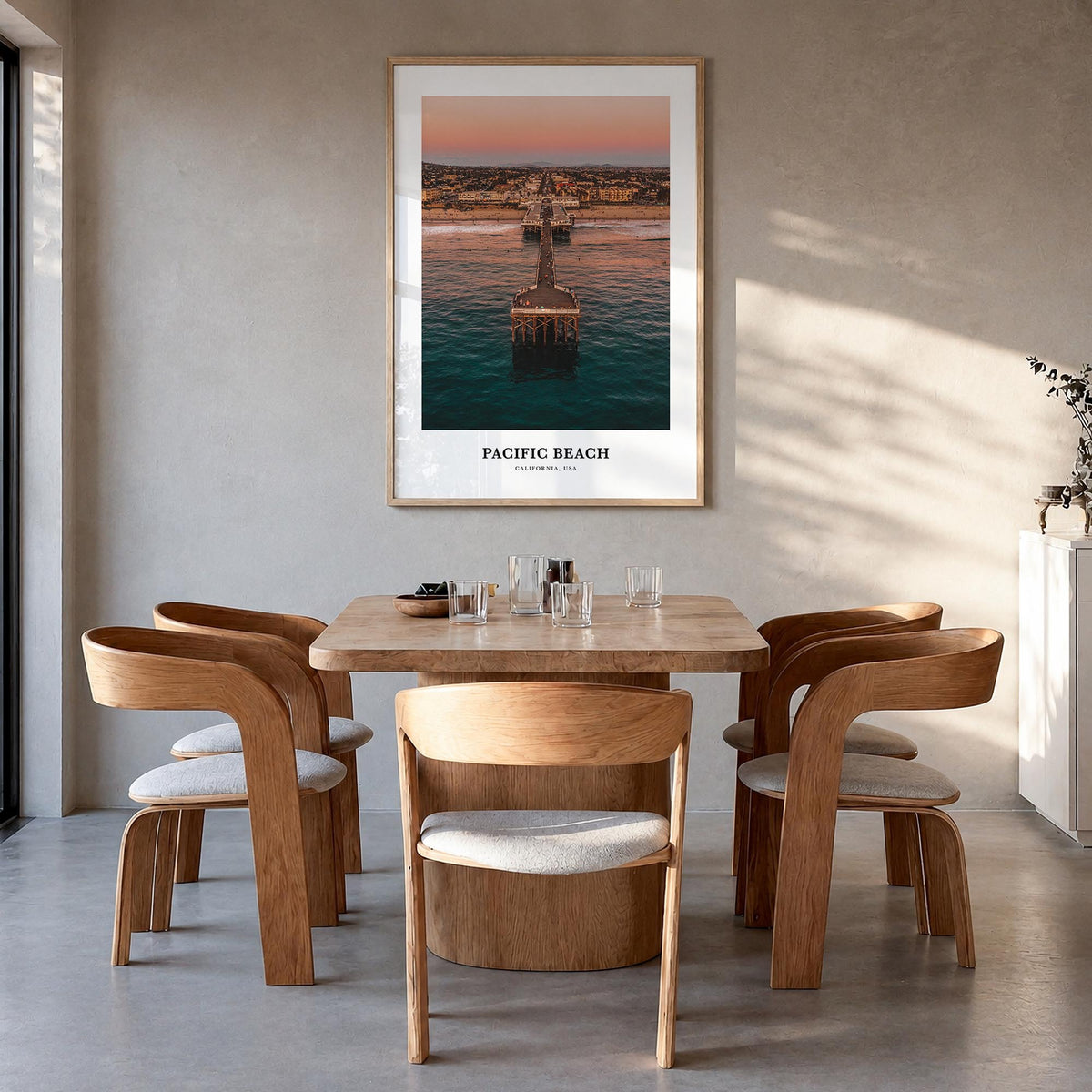 Pacific Beach colorful classic poster of San Diego, California – vertical wall art in natural wood frame, hanging on wall