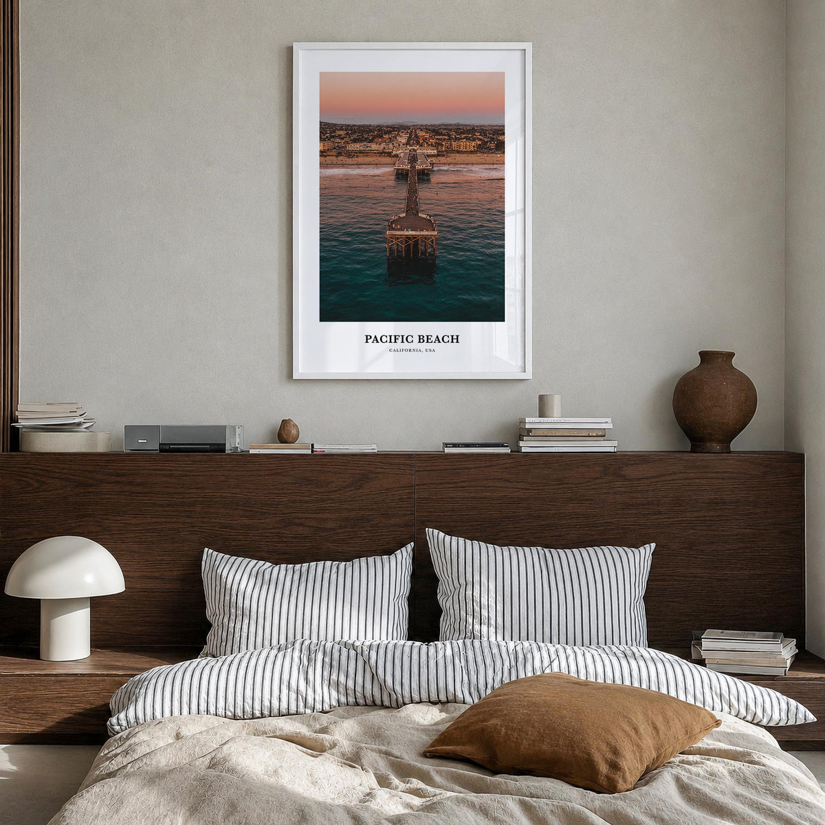Pacific Beach colorful classic poster of San Diego, California – vertical wall art in white wood frame, hanging on wall
