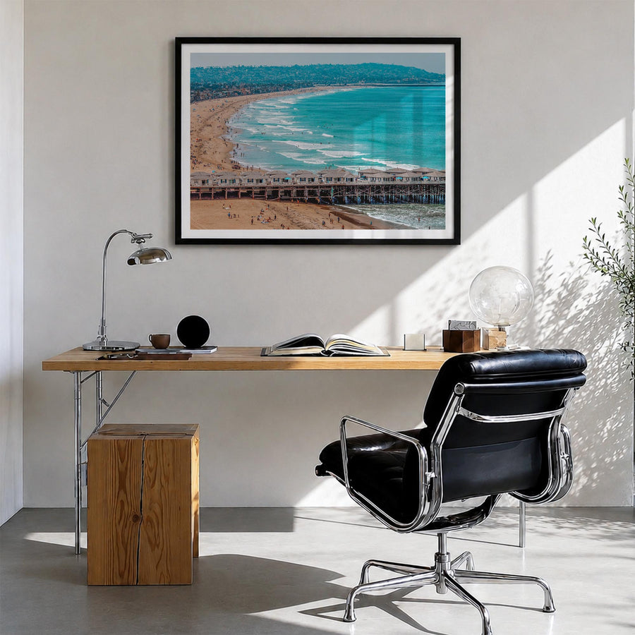 Pacific Beach colorful photo poster of San Diego, California – horizontal wall art in black wood frame with white border, han