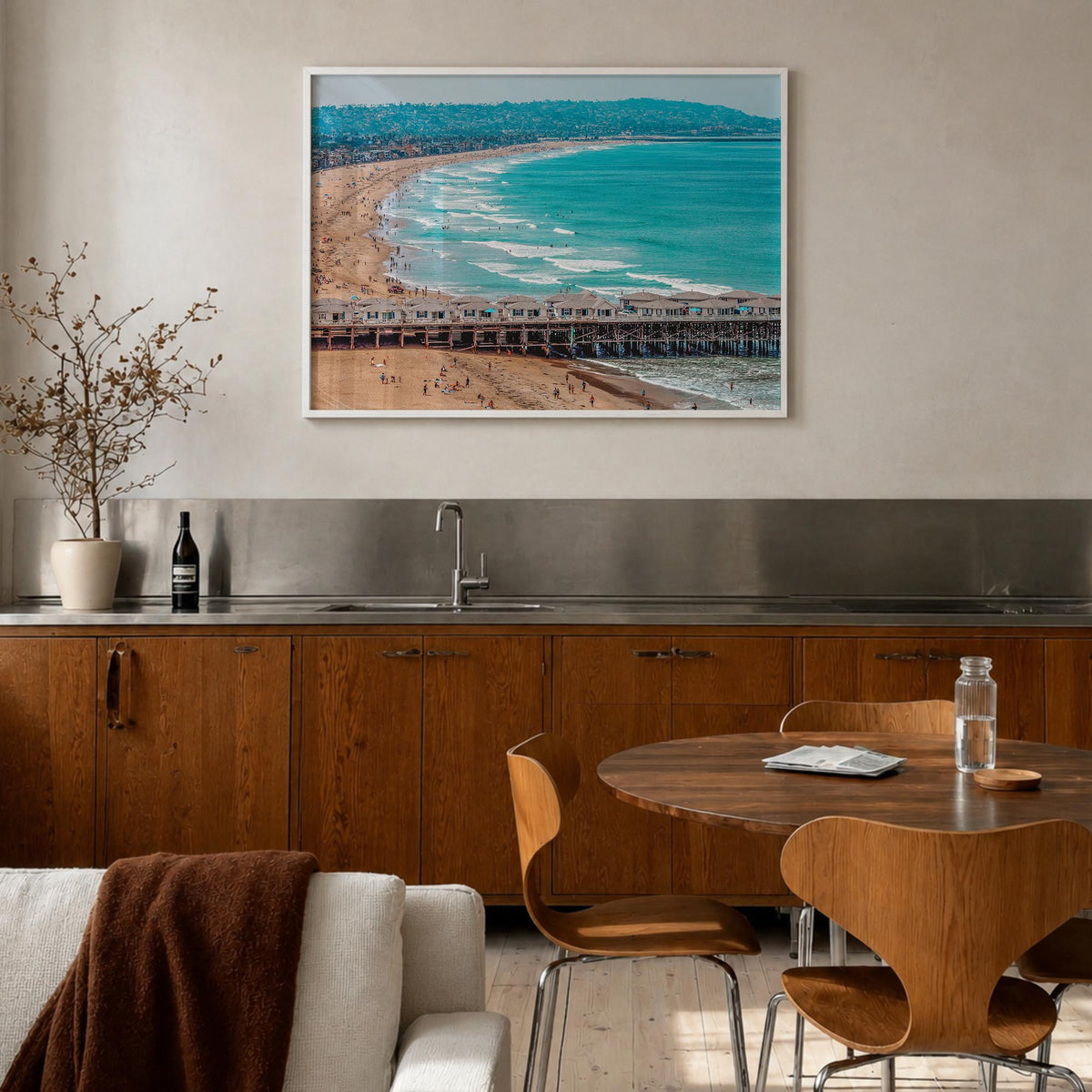 Pacific Beach colorful photo poster of San Diego, California – horizontal wall art in white wood frame, hanging on wall