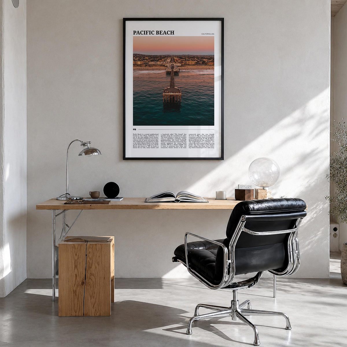 Pacific Beach colorful travel poster of San Diego, California – vertical wall art in black wood frame, hanging on wall