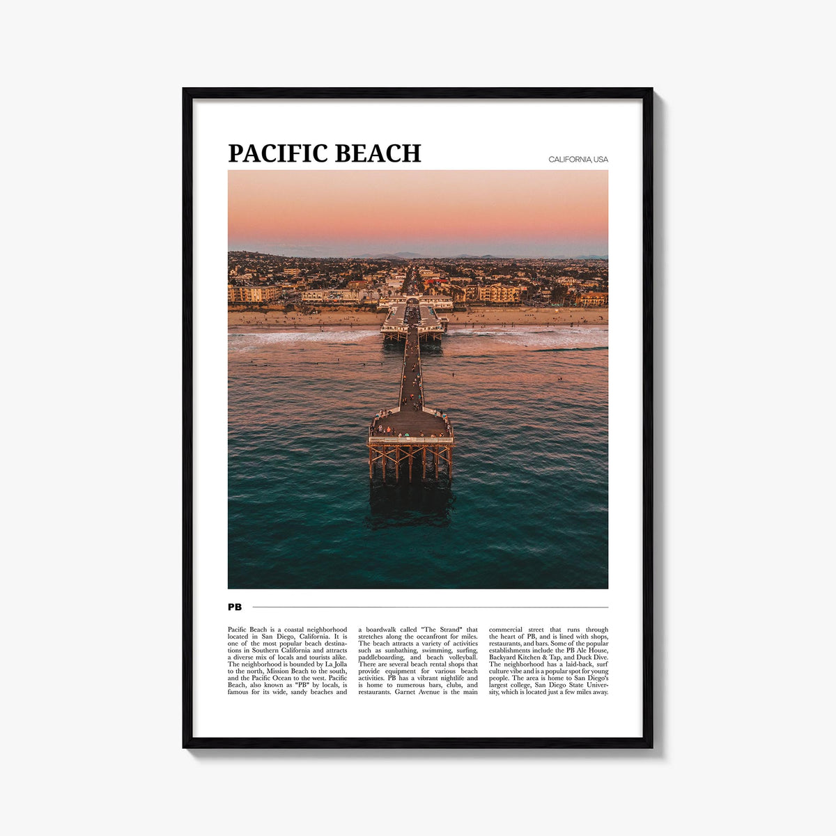 Pacific Beach colorful travel poster of San Diego, California – vertical wall art, unframed print shown in interior mockup