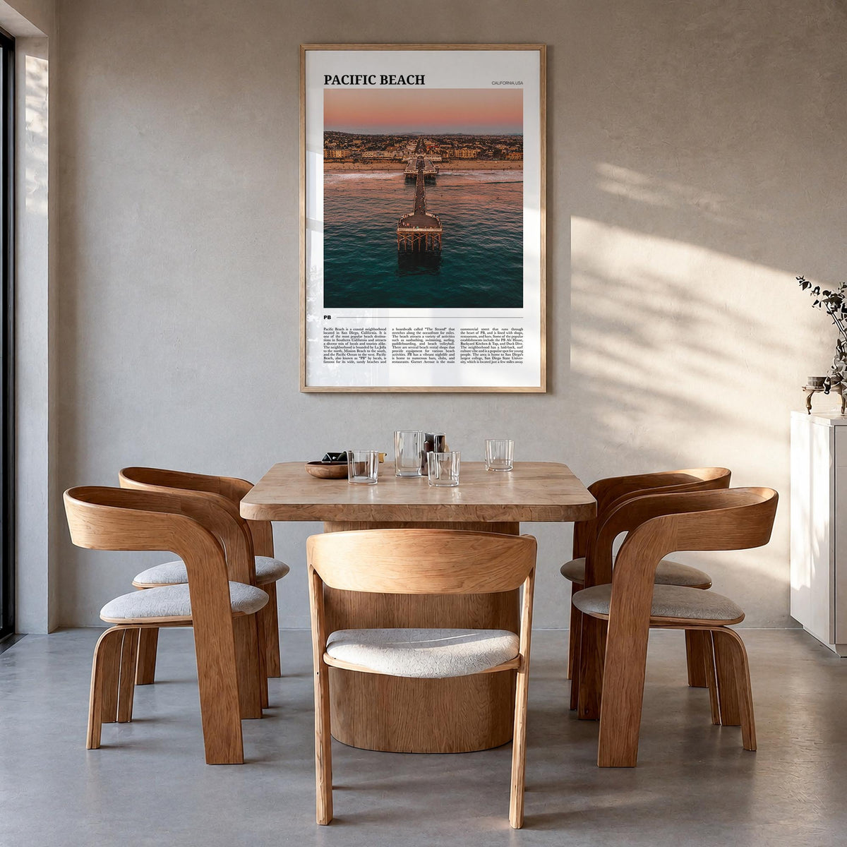 Pacific Beach colorful travel poster of San Diego, California – vertical wall art in natural wood frame, hanging on wall