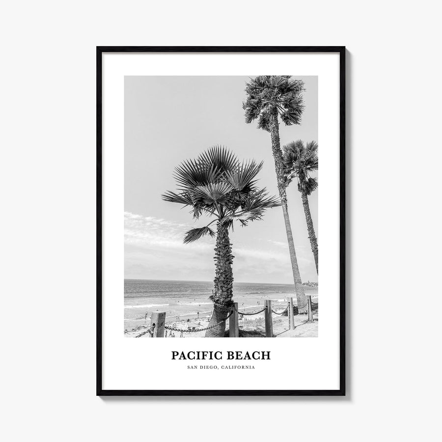 Pacific Beach no. 1 black & white classic poster of San Diego, California – vertical wall art, unframed print shown in interi