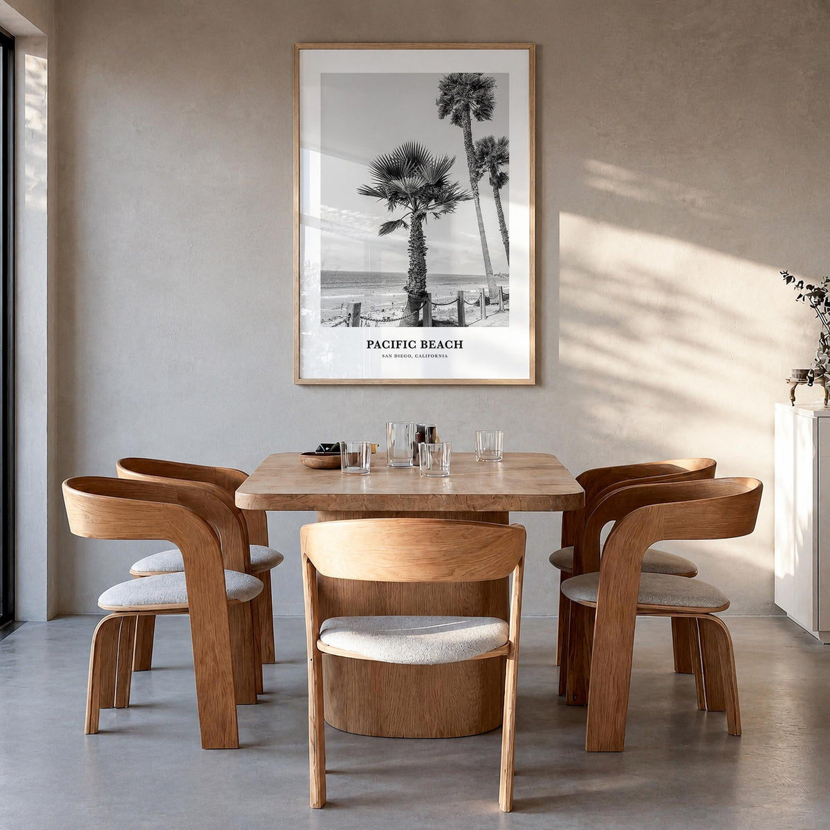 Pacific Beach no. 1 black & white classic poster of San Diego, California – vertical wall art in natural wood frame, hanging 