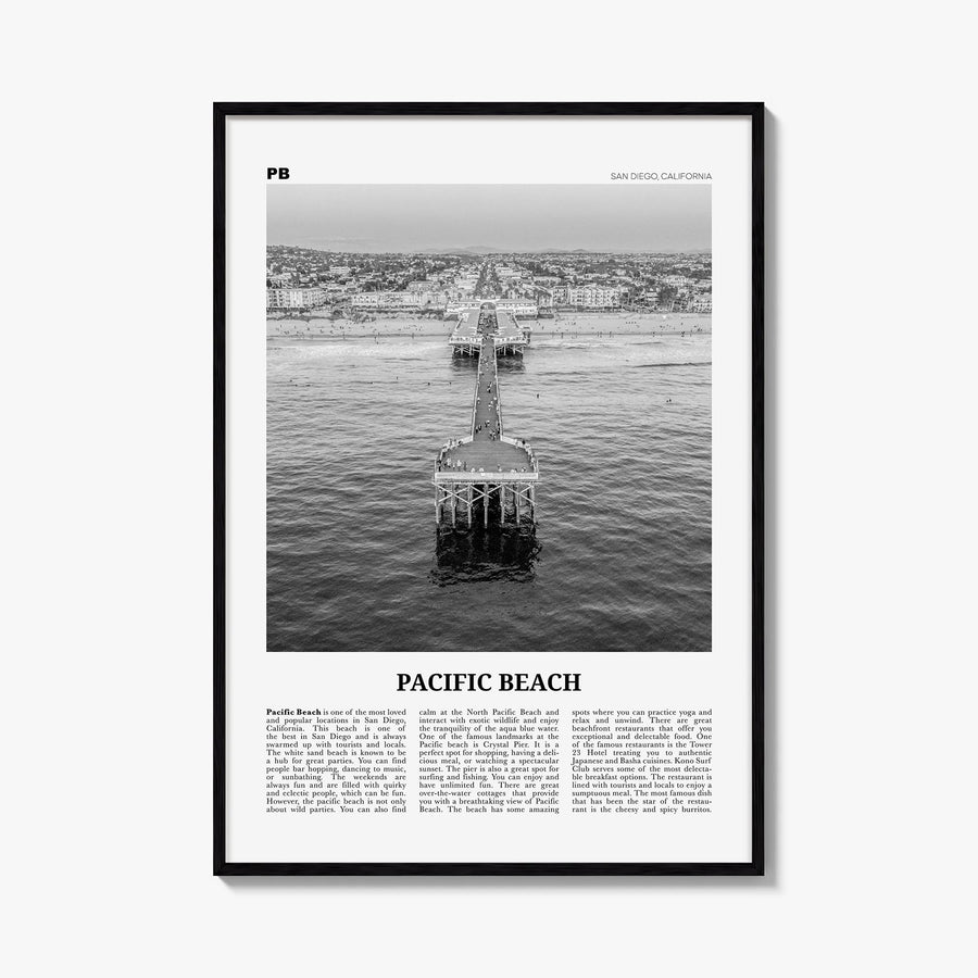 Pacific Beach no. 1 black & white newspaper poster of San Diego, California – vertical wall art, unframed print shown in inte