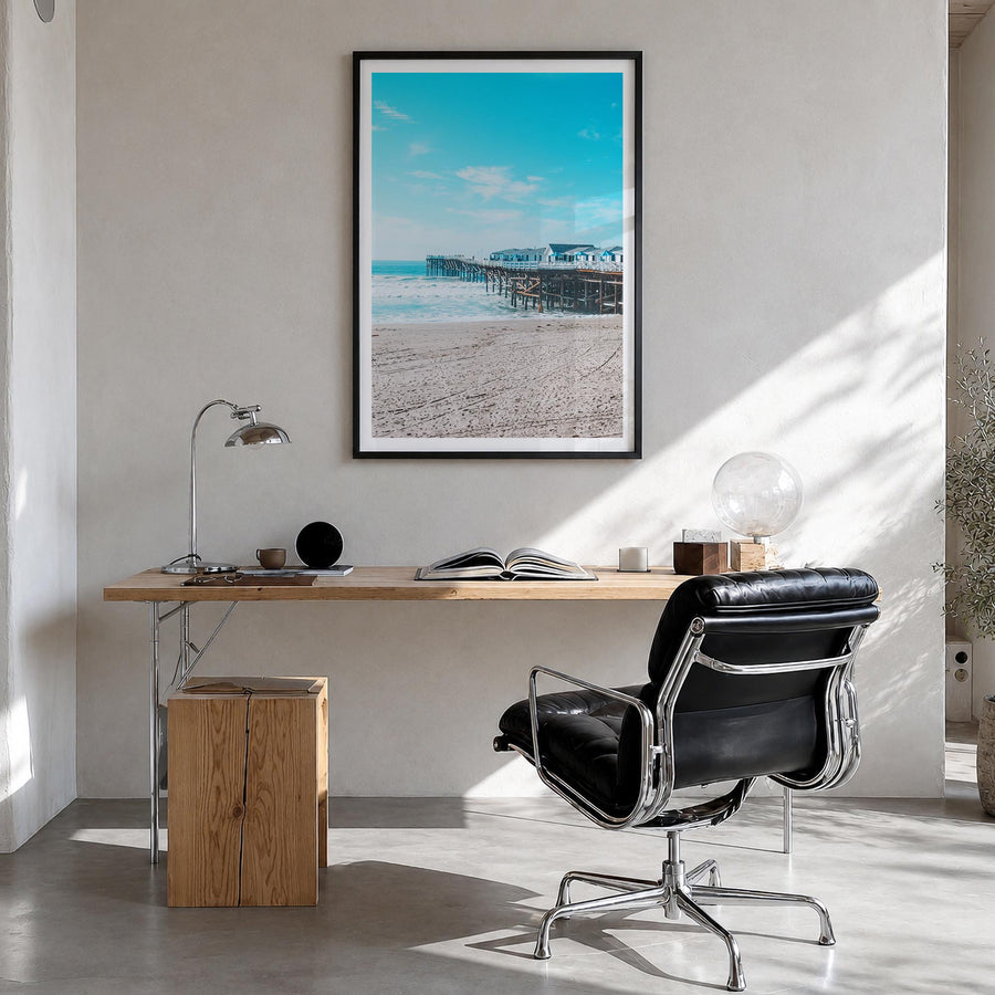 Pacific Beach no. 1 colorful photo poster of San Diego, California – vertical wall art in black wood frame with white border,