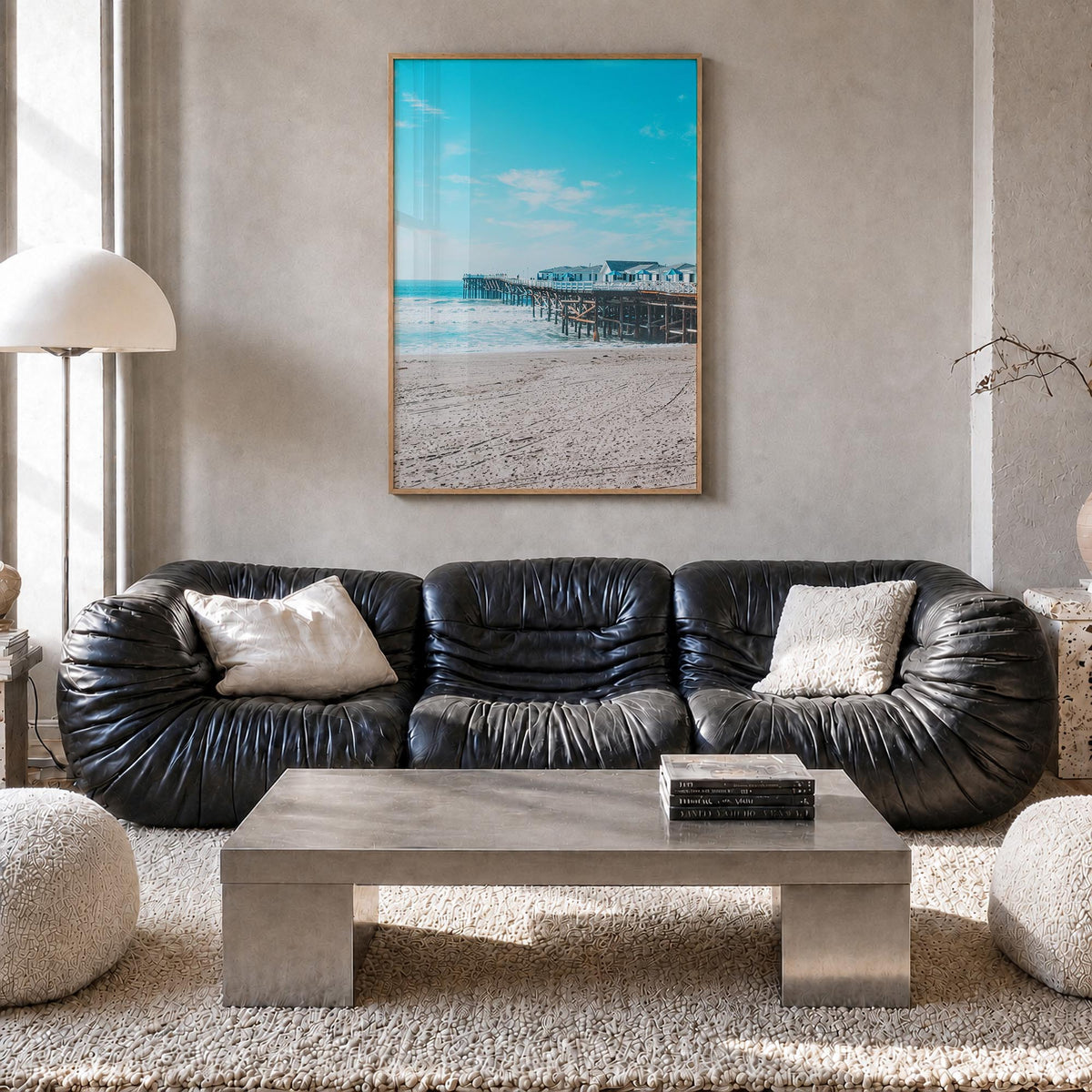 Pacific Beach no. 1 colorful photo poster of San Diego, California – vertical wall art in natural wood frame, hanging on wall