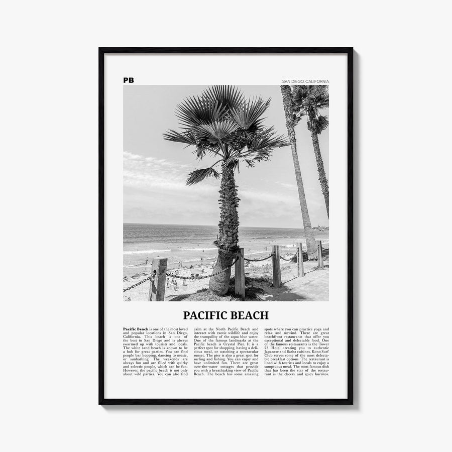 Pacific Beach no. 2 black & white newspaper poster of San Diego, California – vertical wall art, unframed print shown in inte