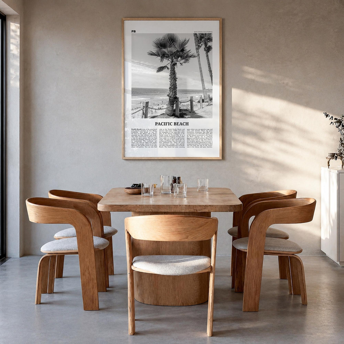 Pacific Beach no. 2 black & white newspaper poster of San Diego, California – vertical wall art in natural wood frame, hangin