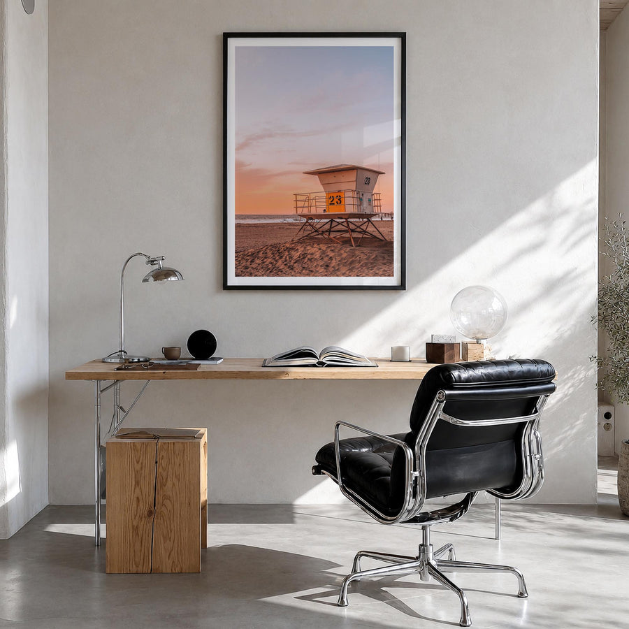 Pacific Beach no. 3 colorful photo poster of San Diego, California – vertical wall art in black wood frame with white border,