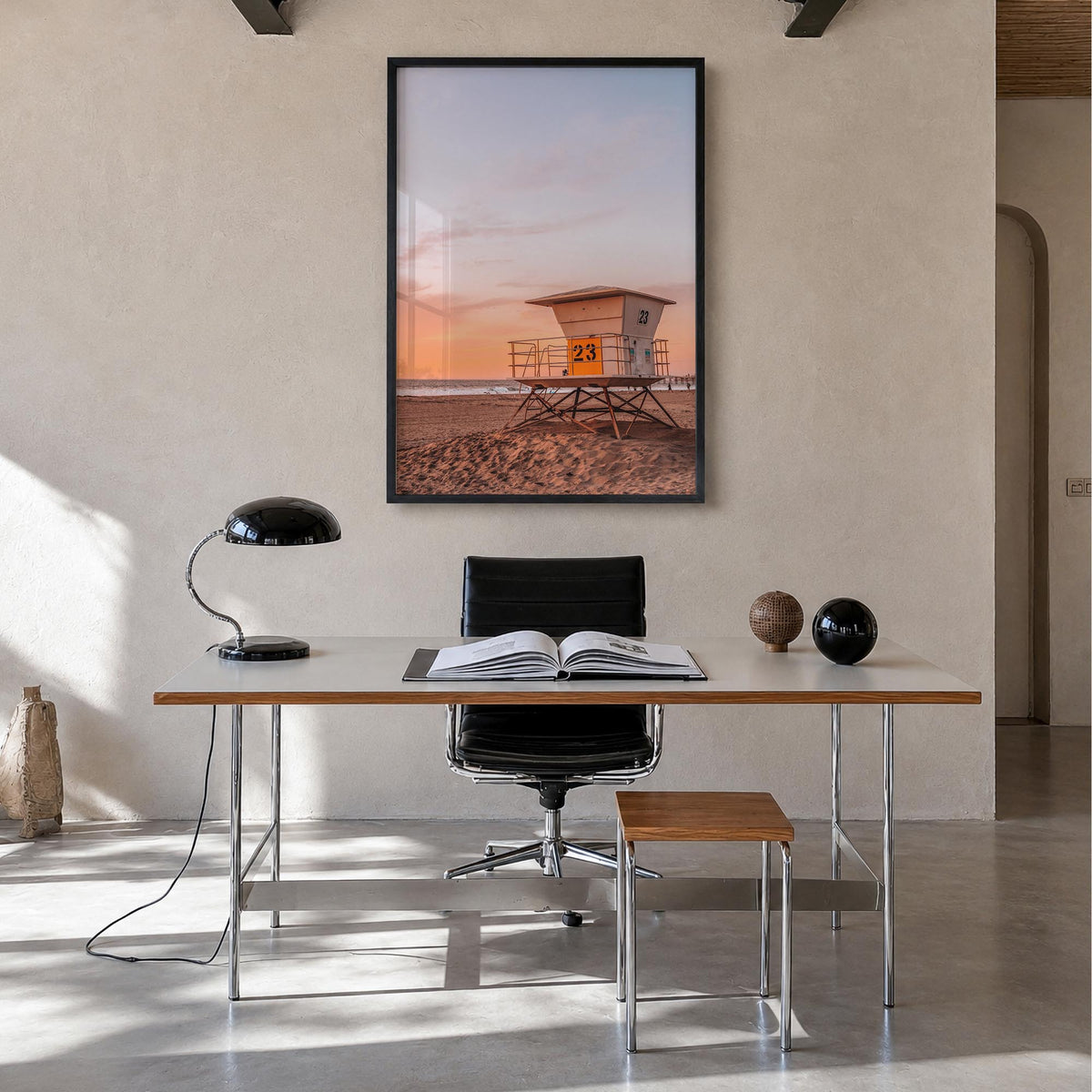 Pacific Beach no. 3 colorful photo poster of San Diego, California – vertical wall art in black wood frame, hanging on wall