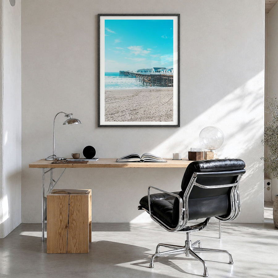 Pacific Beach Photo No 1 Poster in a black wood frame, hanging in a bright home office, white border