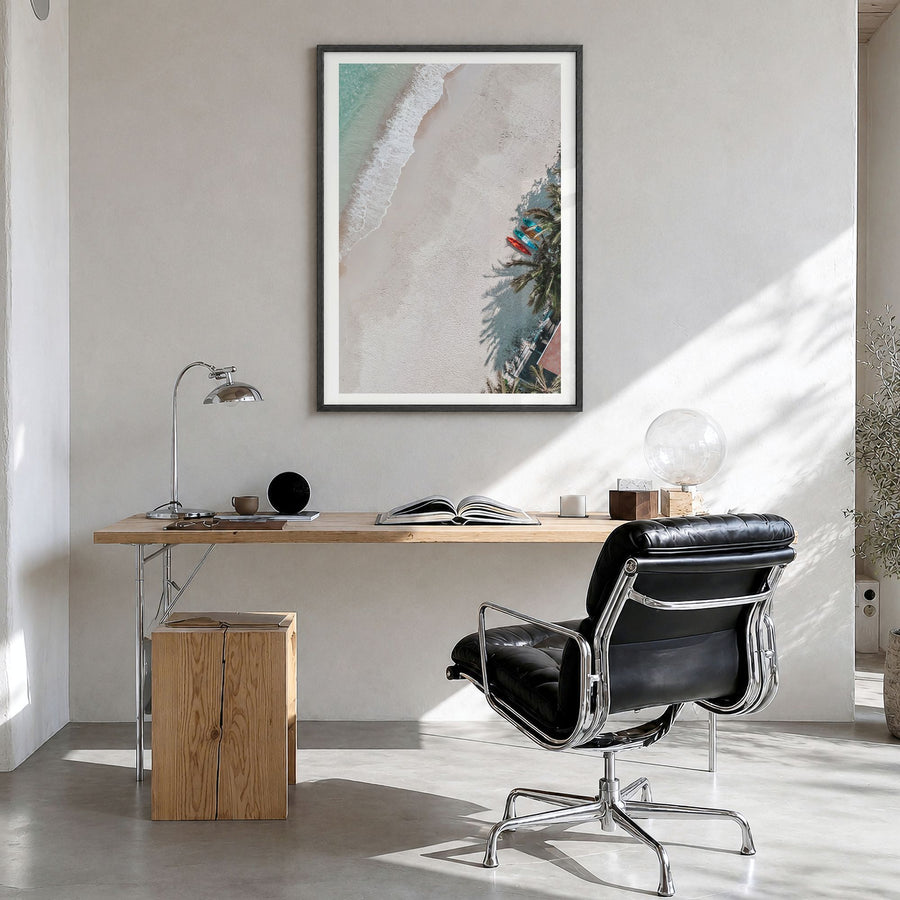 Pacific Beach Photo No 2 Poster in a black wood frame, hanging in a bright home office, white border