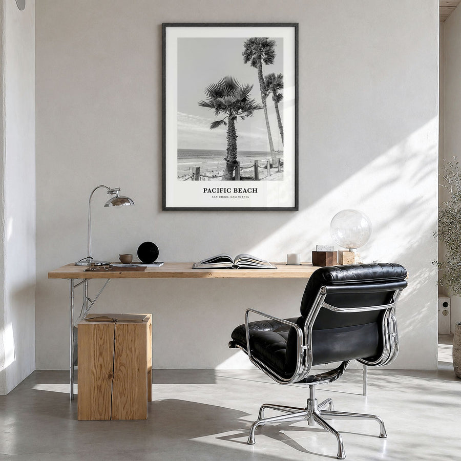 Pacific Beach Classic No 1 Poster in a black wood frame, hanging in a bright home office