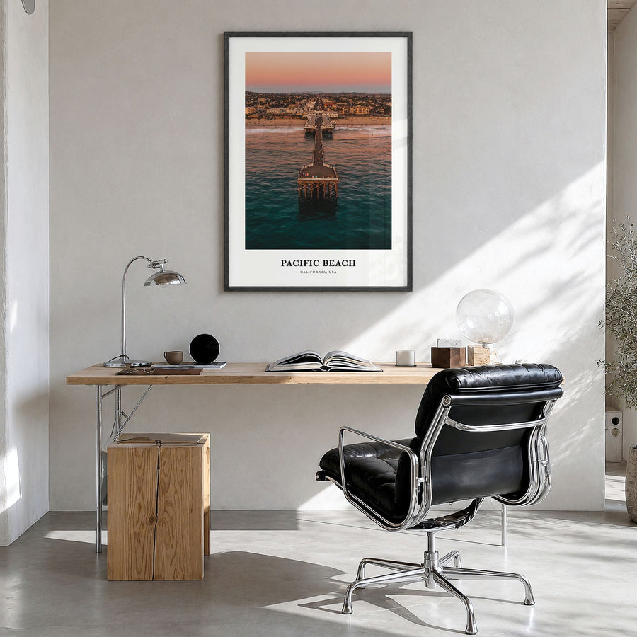 Pacific Beach Classic Poster in a black wood frame, hanging in a bright home office