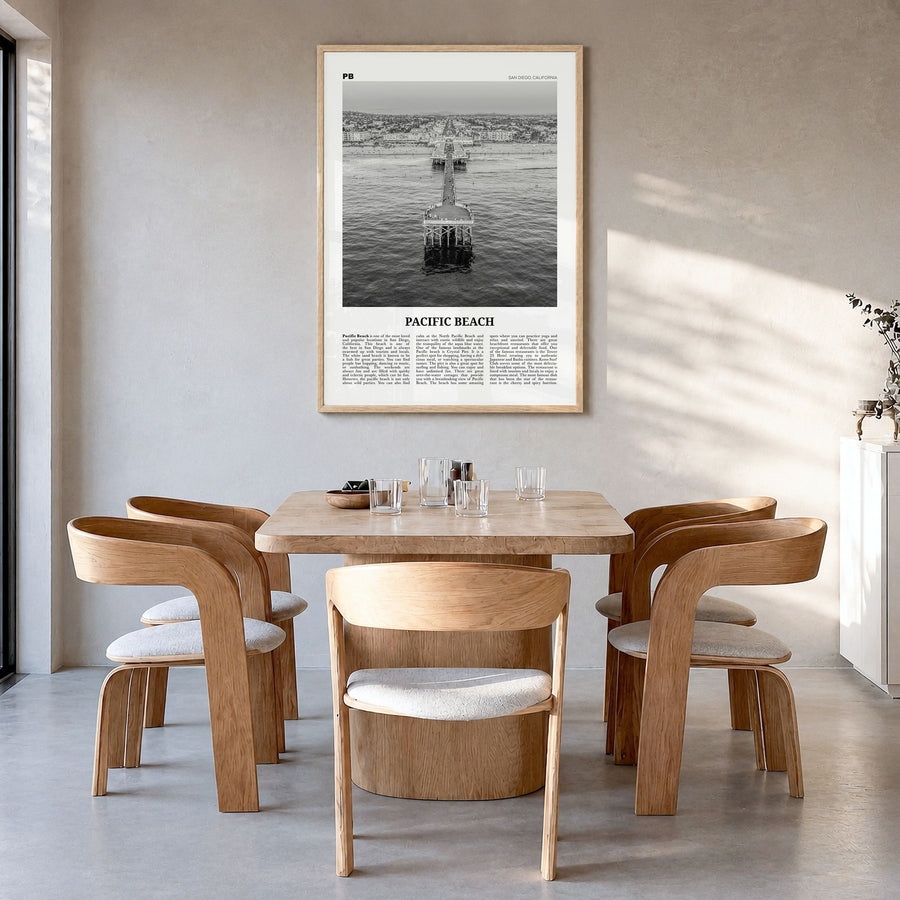Pacific Beach Newspaper No 1 Poster in a natural wood frame, hanging in a dining room