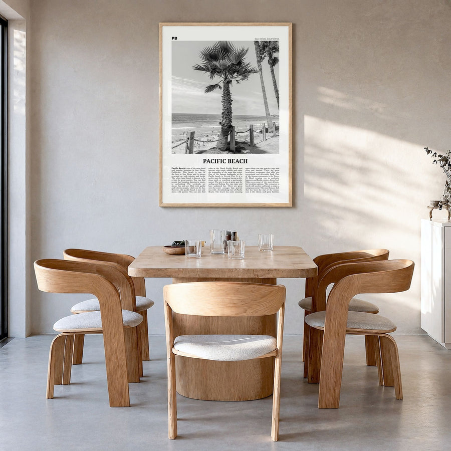 Pacific Beach Newspaper No 2 Poster in a natural wood frame, hanging in a dining room