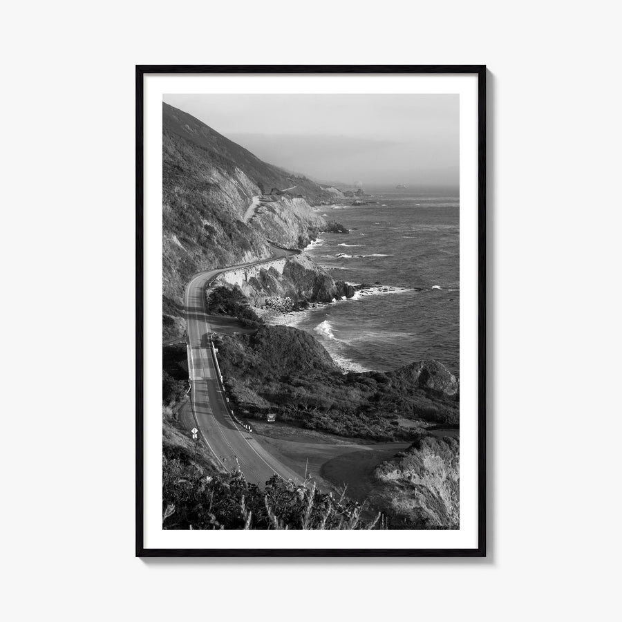 Pacific Coast Highway black & white photo poster of California, USA – vertical wall art, unframed print shown in interior moc