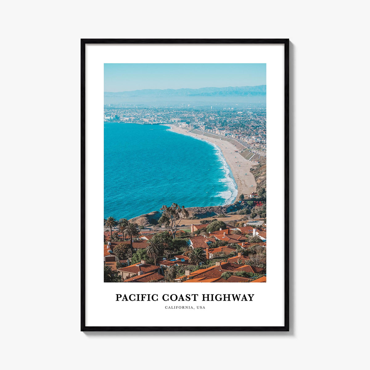Pacific Coast Highway colorful classic poster of California, USA – vertical wall art, unframed print shown in interior mockup