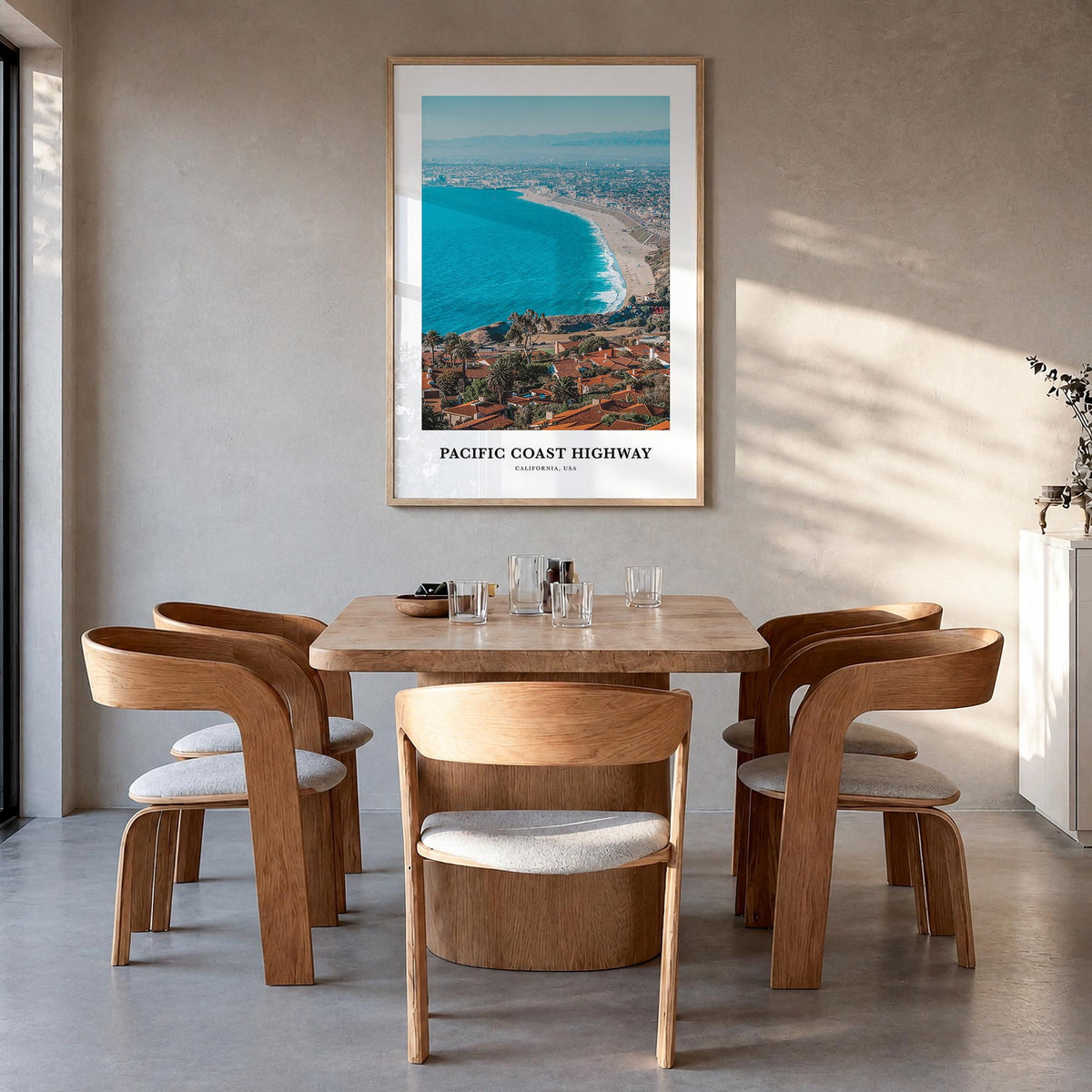 Pacific Coast Highway colorful classic poster of California, USA – vertical wall art in natural wood frame, hanging on wall