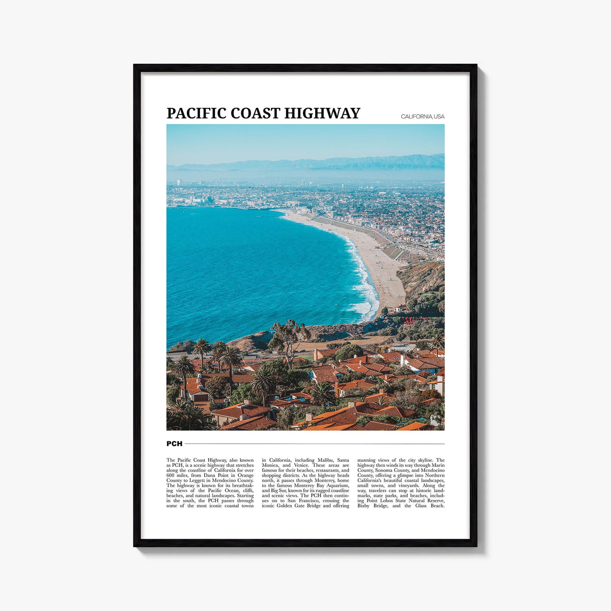 Pacific Coast Highway colorful travel poster of California, USA – vertical wall art, unframed print shown in interior mockup