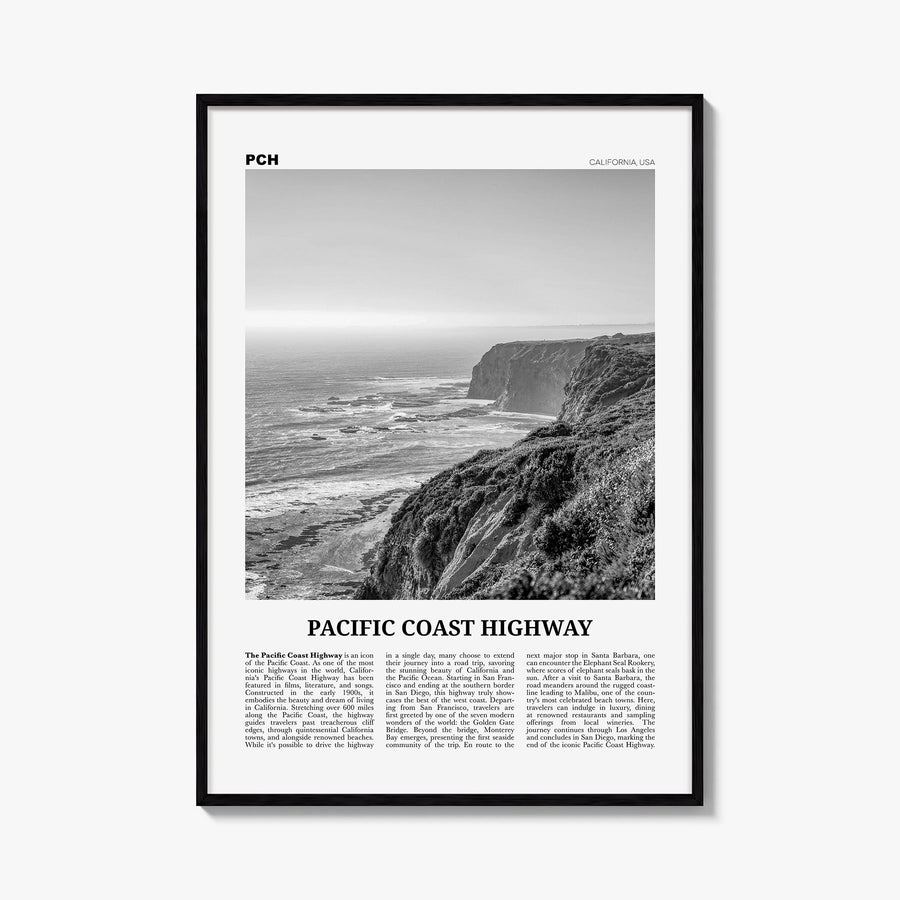 Pacific Coast Highway no. 1 black & white newspaper poster of California, USA – vertical wall art, unframed print shown in in