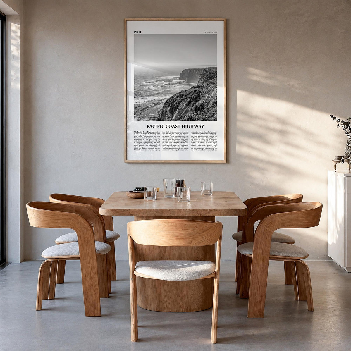 Pacific Coast Highway no. 1 black & white newspaper poster of California, USA – vertical wall art in natural wood frame, hang