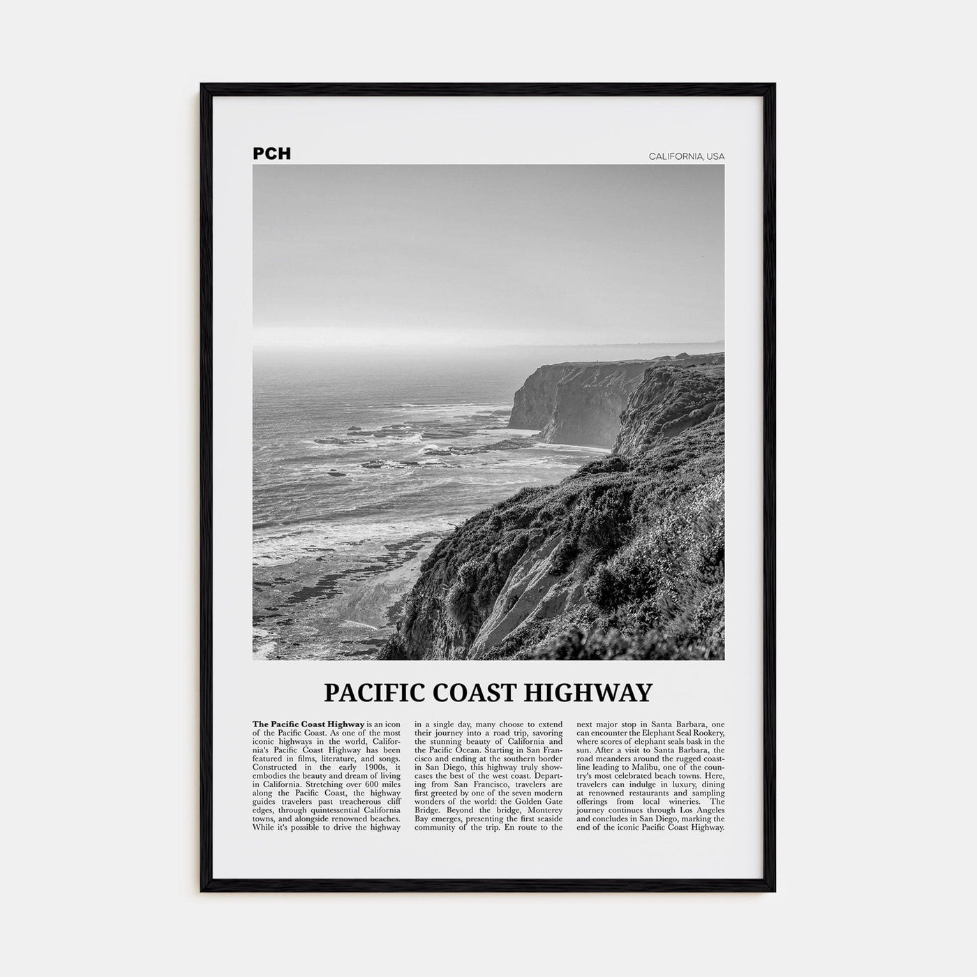 Pacific Coast Highway No 1 Poster Black Wood / 8x12 in Nbourhood Travel B&W Poster