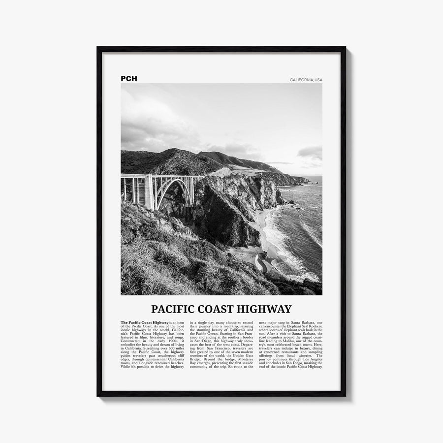 Pacific Coast Highway no. 2 black & white newspaper poster of California, USA – vertical wall art, unframed print shown in in