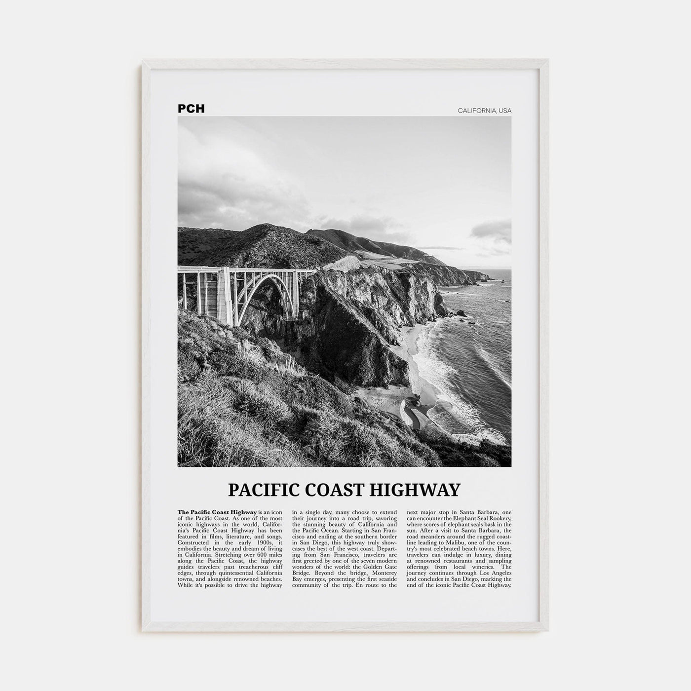 Pacific Coast Highway No 2 Poster White Wood / 8x12 in Nbourhood Travel B&W Poster