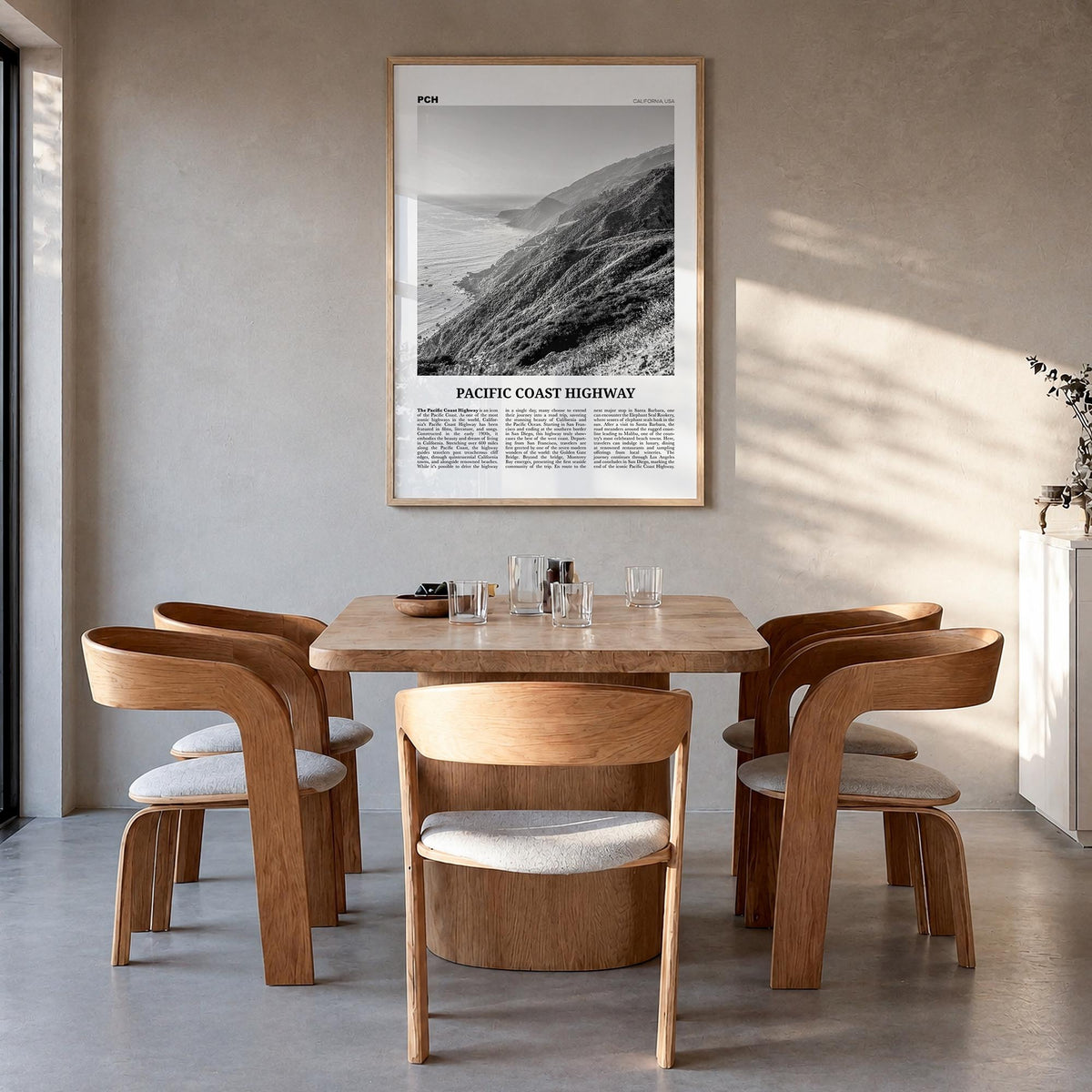 Pacific Coast Highway no. 3 black & white newspaper poster of California, USA – vertical wall art in natural wood frame, hang