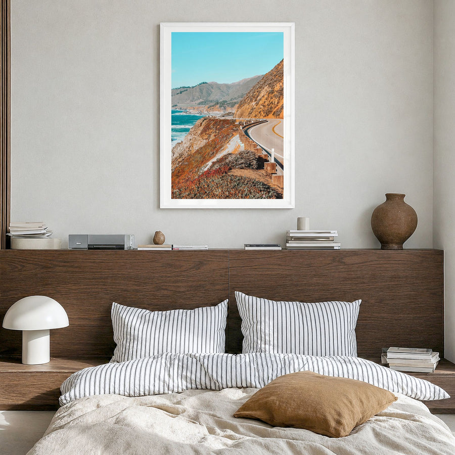 Pacific Coast Highway Photo No 2 Poster in a white wood frame, hanging in a bedroom, white border