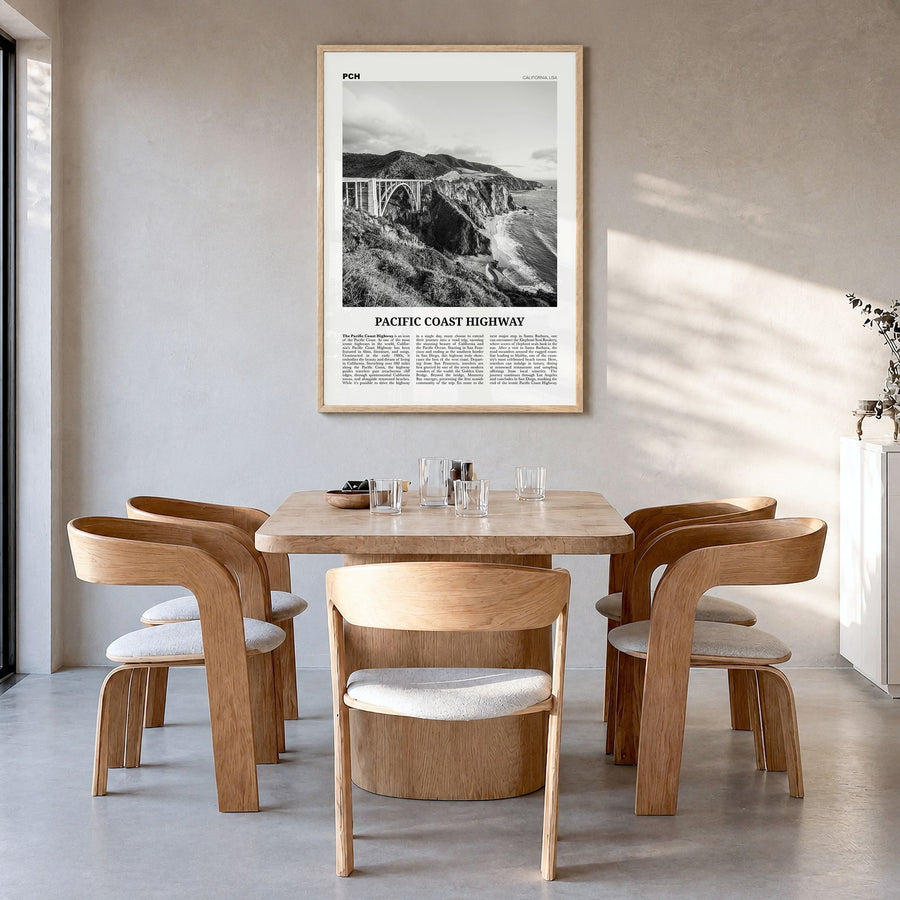 Pacific Coast Highway Newspaper No 2 Poster in a natural wood frame, hanging in a dining room