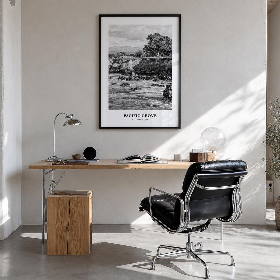 Pacific Grove black & white classic poster of California, USA – vertical wall art in black wood frame, hanging on wall