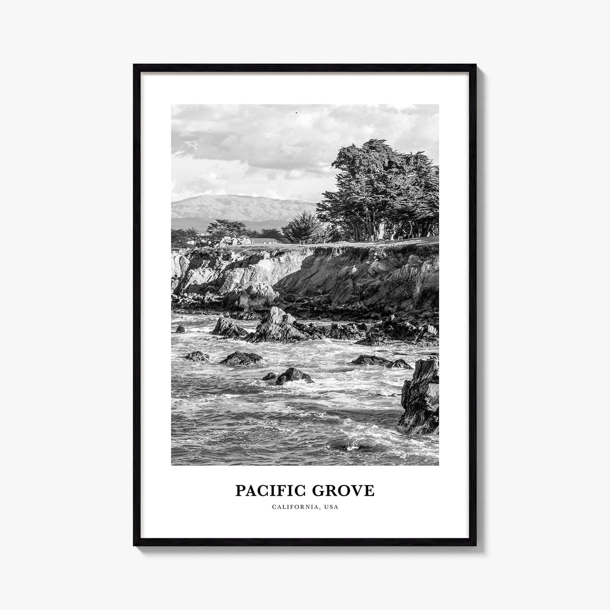 Pacific Grove black & white classic poster of California, USA – vertical wall art, unframed print shown in interior mockup