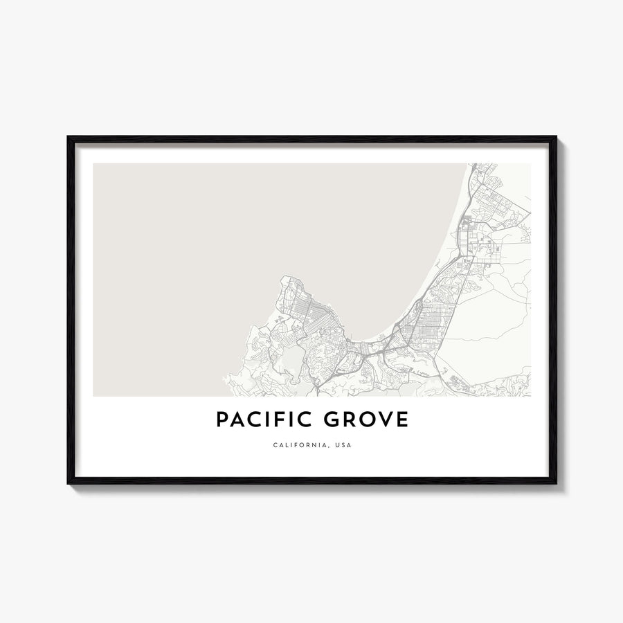Pacific Grove black & white map poster of California, USA – horizontal wall art, unframed print shown in interior mockup