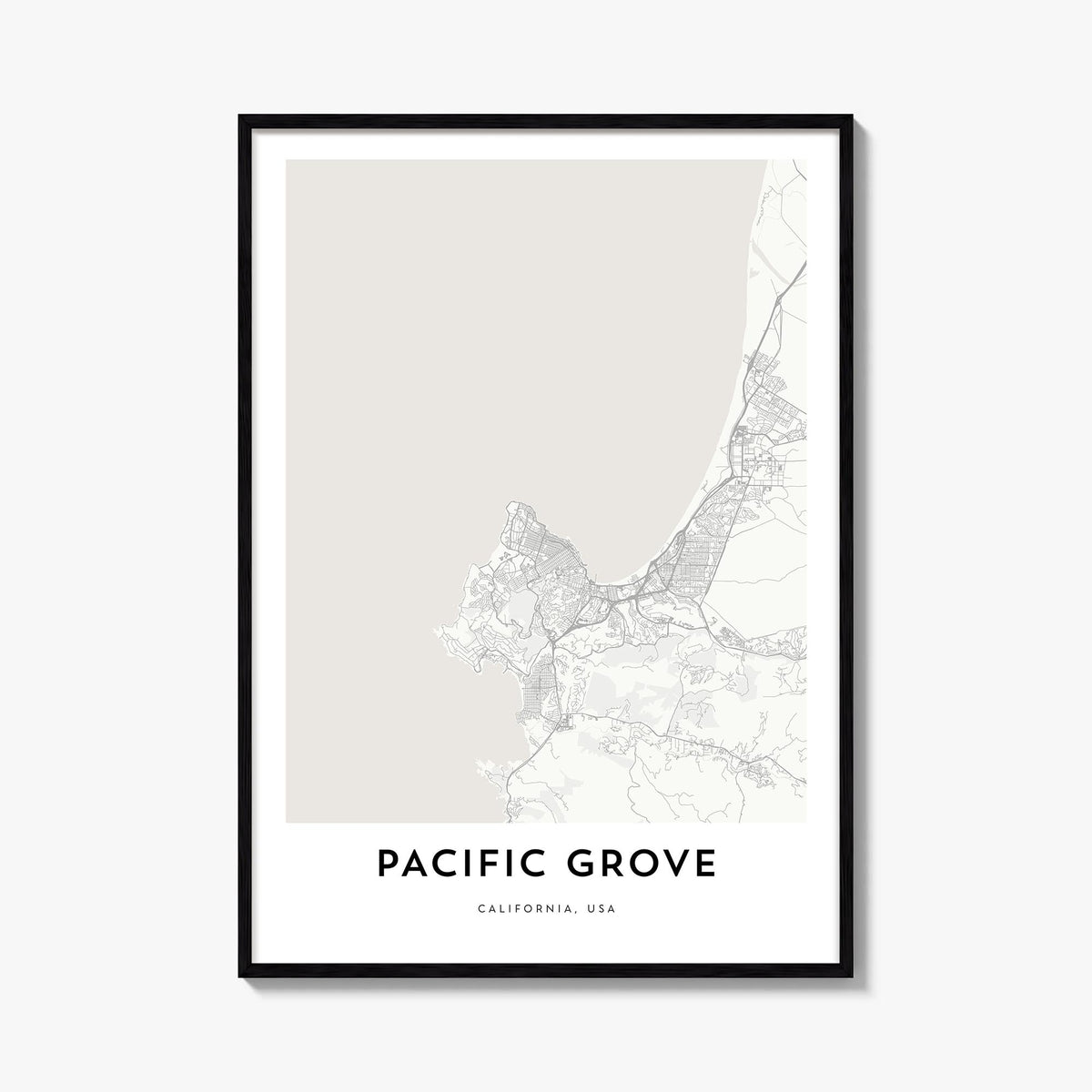 Pacific Grove black & white map poster of California, USA – vertical wall art, unframed print shown in interior mockup