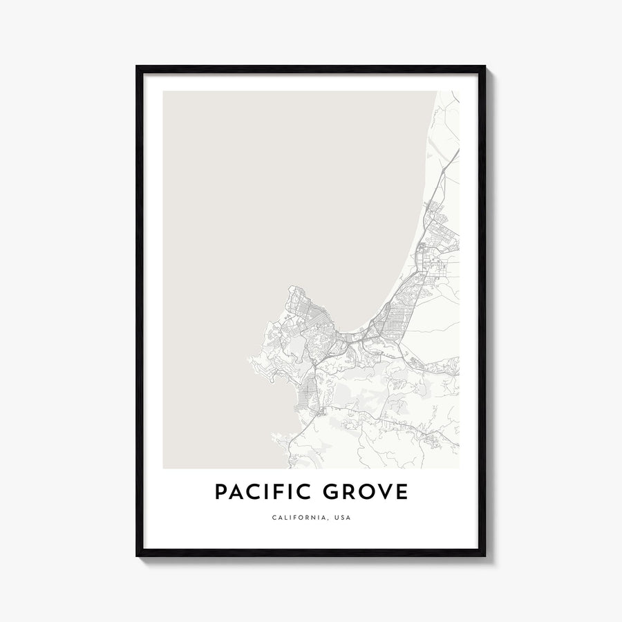 Pacific Grove black & white map poster of California, USA – vertical wall art, unframed print shown in interior mockup
