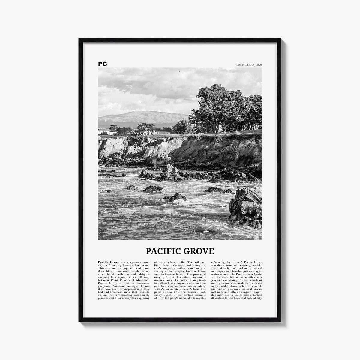 Pacific Grove black & white newspaper poster of California, USA – vertical wall art, unframed print shown in interior mockup