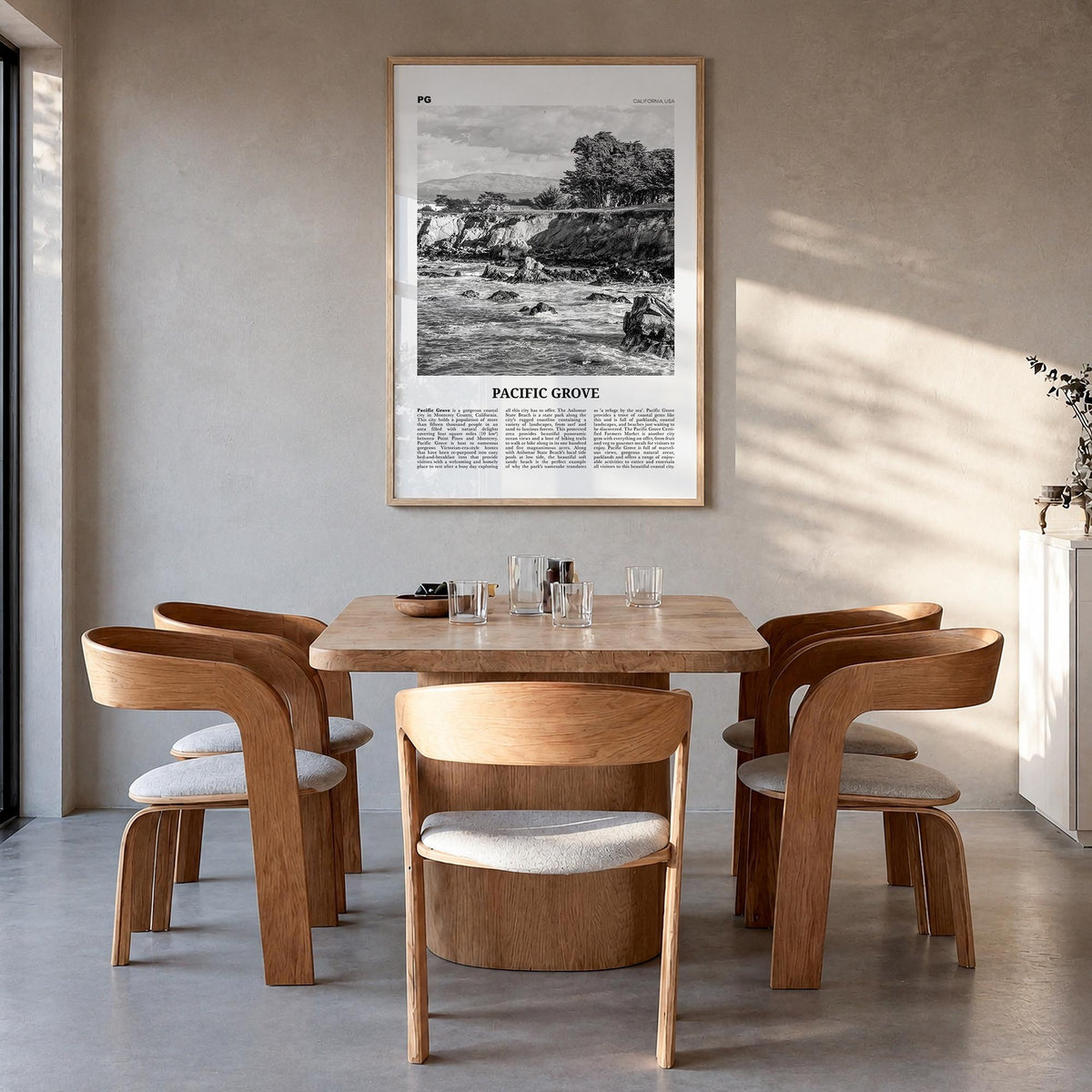 Pacific Grove black & white newspaper poster of California, USA – vertical wall art in natural wood frame, hanging on wall