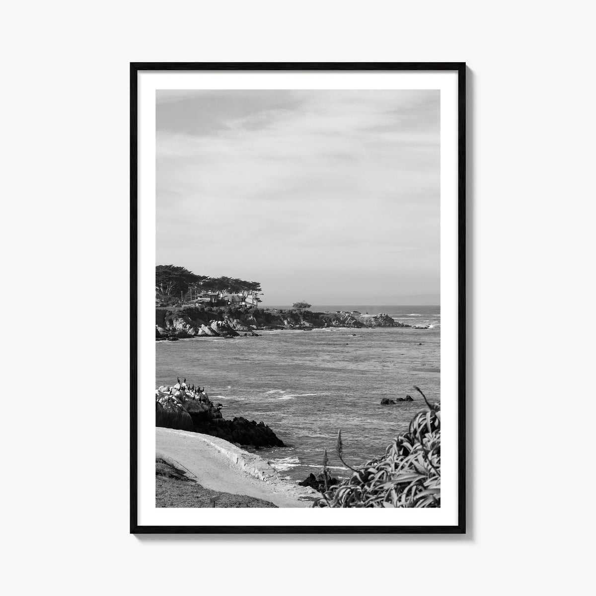 Pacific Grove black & white photo poster of California, USA – vertical wall art, unframed print shown in interior mockup
