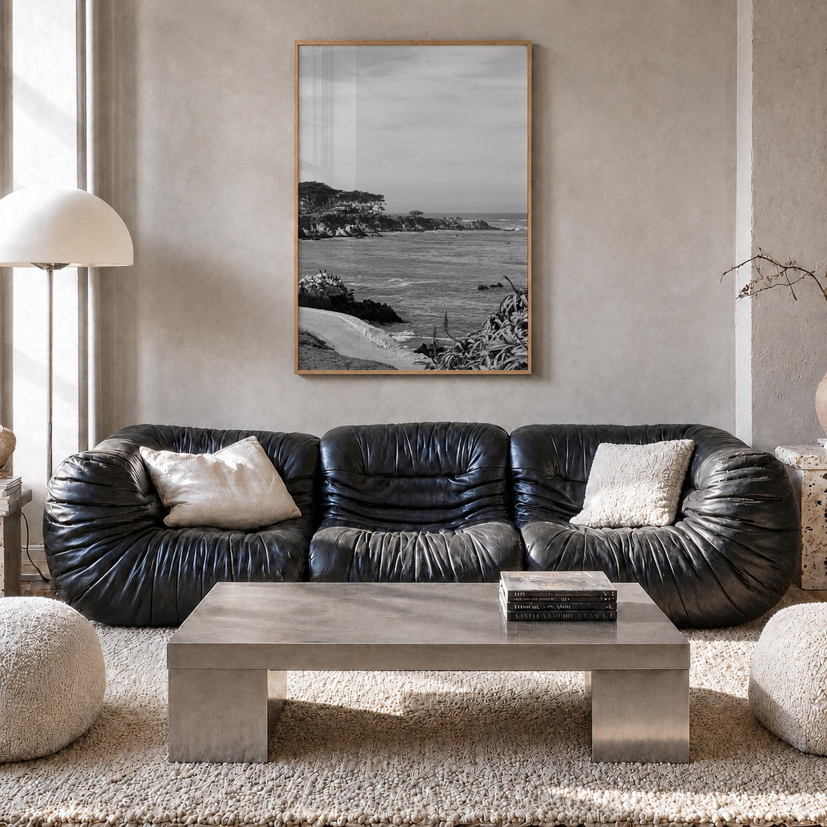Pacific Grove black & white photo poster of California, USA – vertical wall art in natural wood frame, hanging on wall