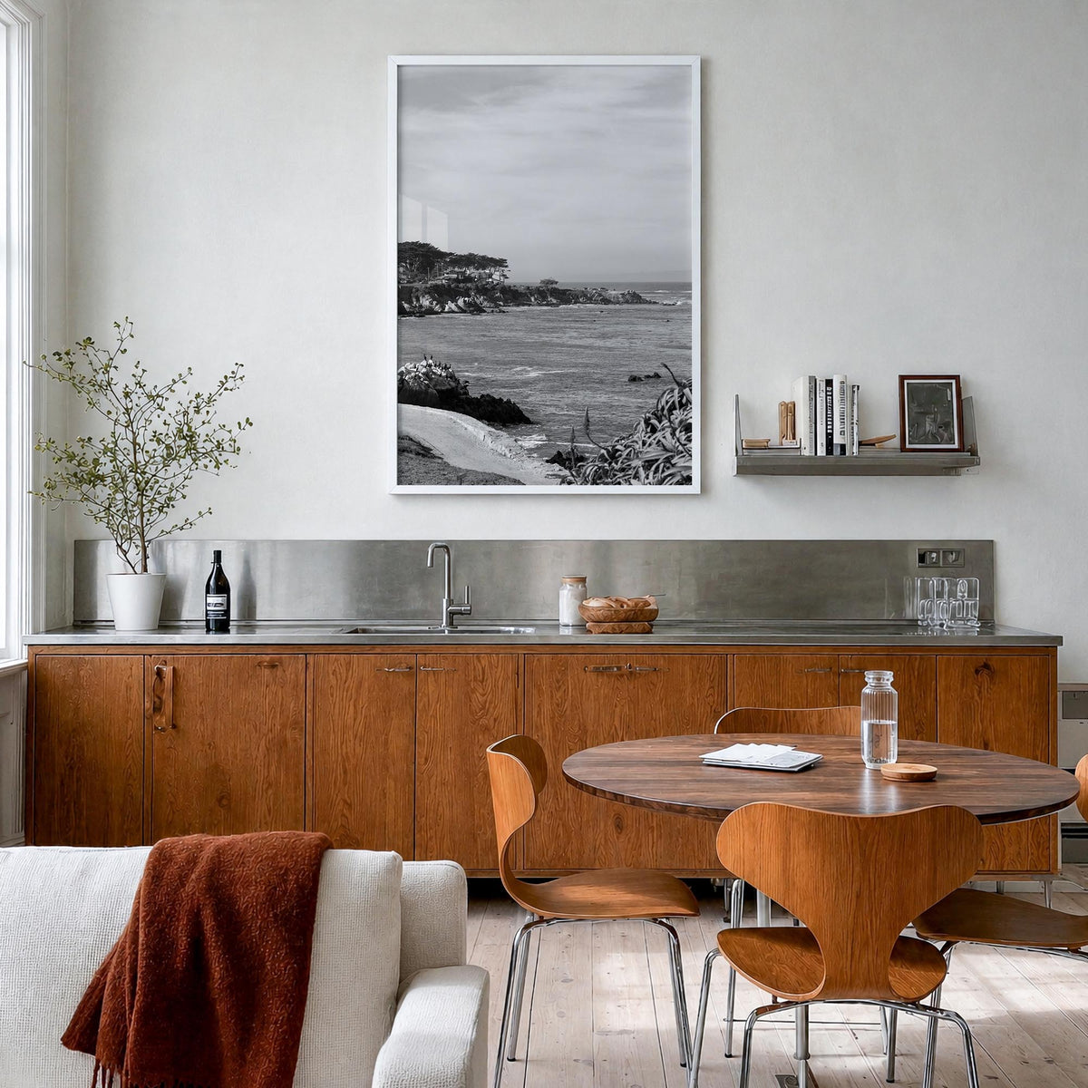 Pacific Grove black & white photo poster of California, USA – vertical wall art in white wood frame, hanging on wall