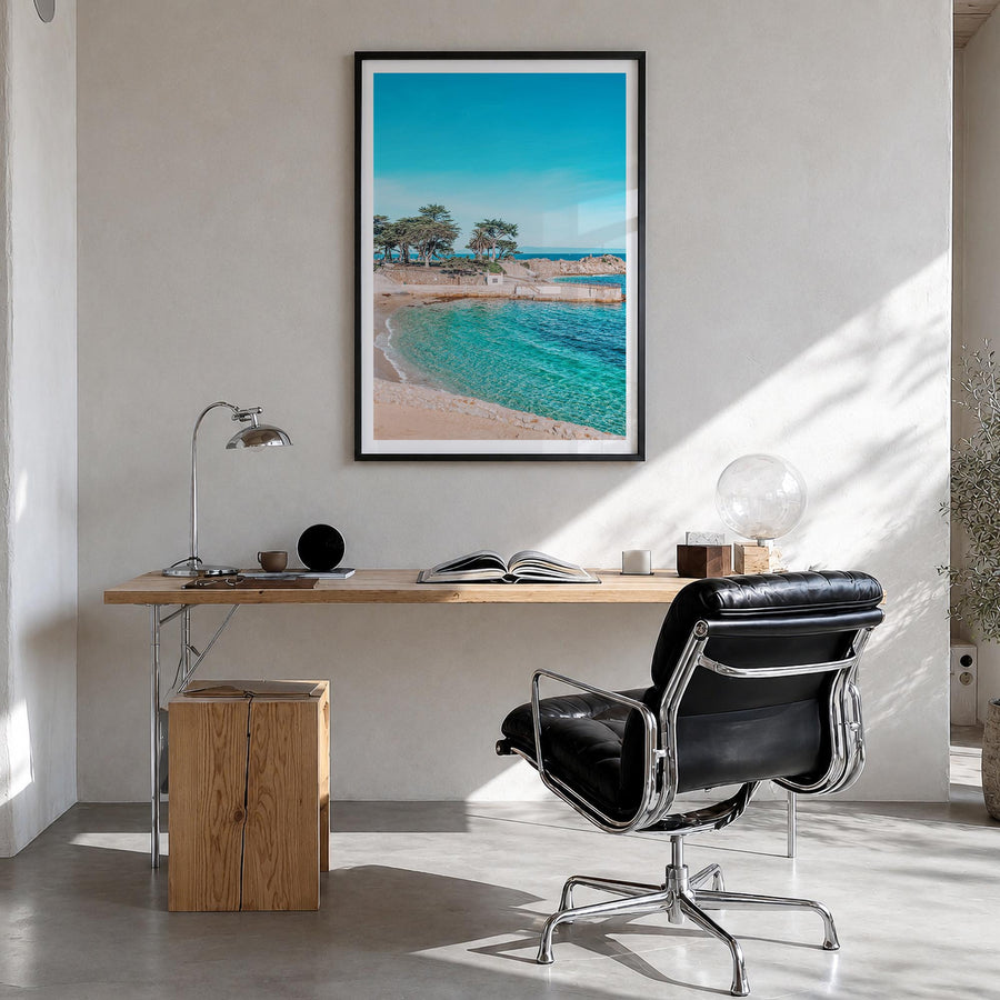 Pacific Grove colorful photo poster of California, USA – vertical wall art in black wood frame with white border, hanging on 