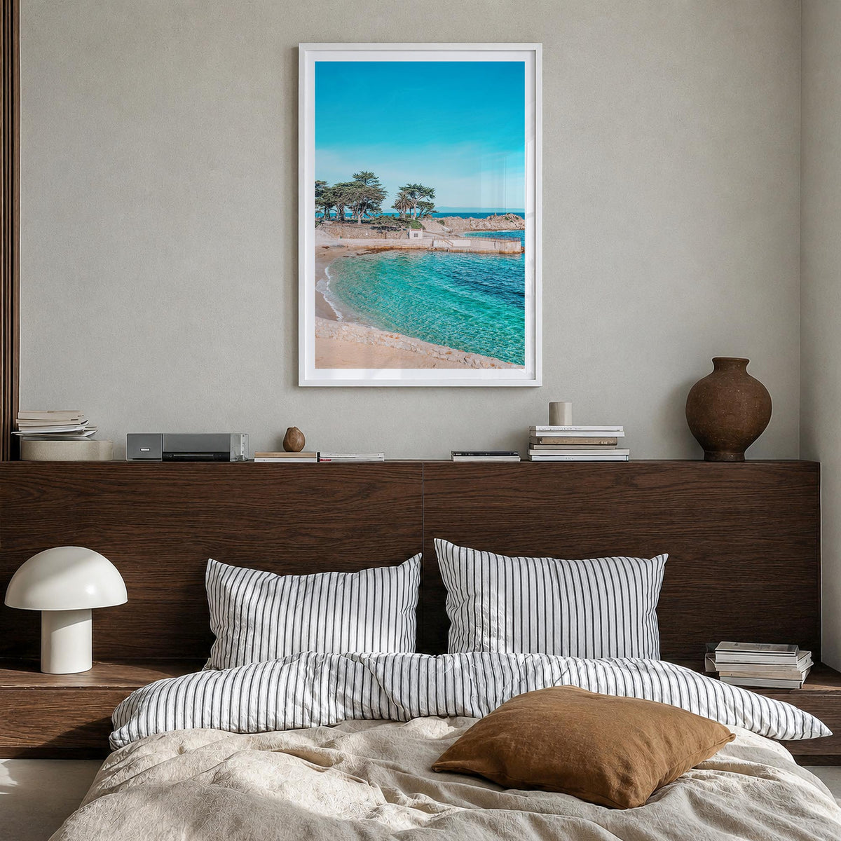 Pacific Grove colorful photo poster of California, USA – vertical wall art in white wood frame with white border, hanging on 