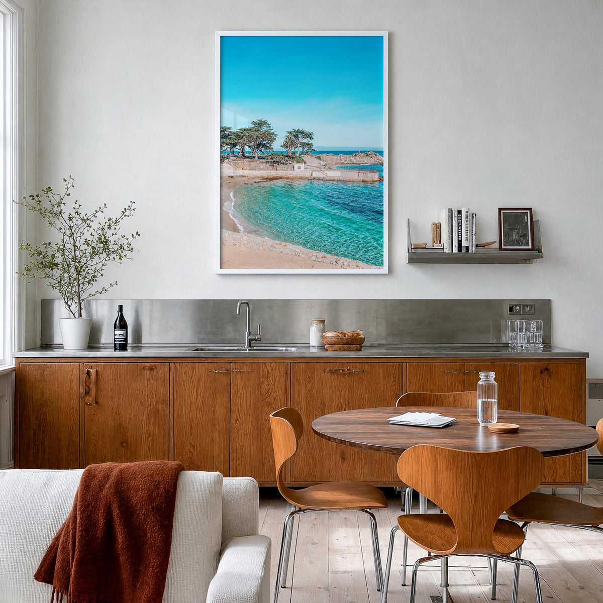 Pacific Grove colorful photo poster of California, USA – vertical wall art in white wood frame, hanging on wall