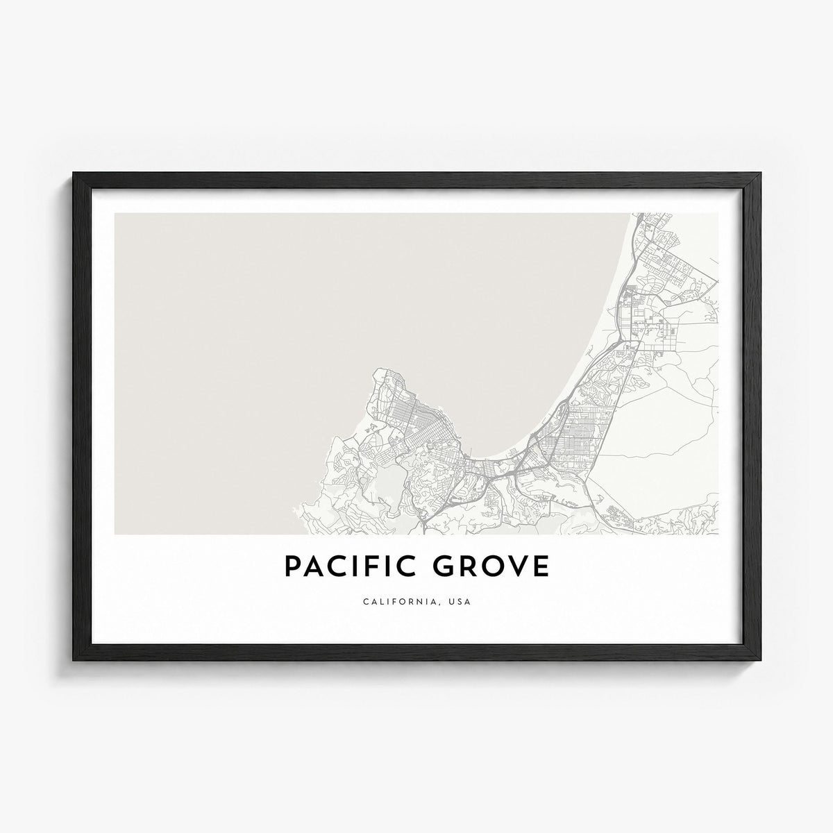 Pacific Grove Map Poster in a black wood frame