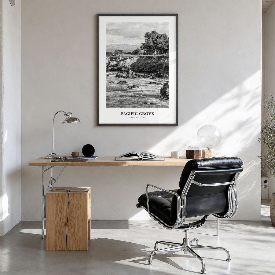 Pacific Grove Classic Poster in a black wood frame, hanging in a bright home office